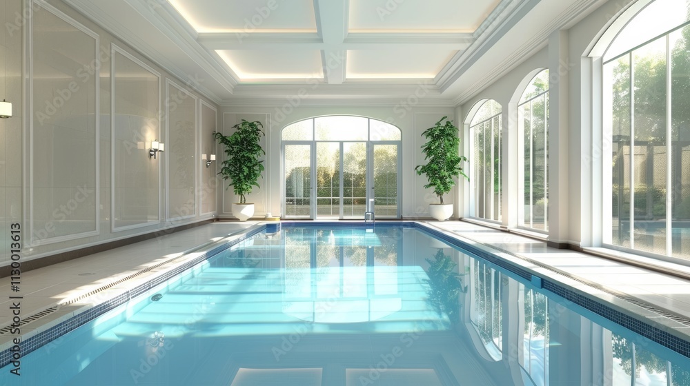 Contemporary indoor swimming pool with a sleek, open layout and ...