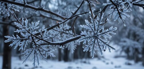 Wall Mural - Icy blue snowflakes on frost-covered black branches, frost, weather, detail, frozen