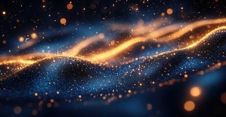 Fototapete - Gold and Blue Abstract Background with Glitter Particles Bokeh on Dark Background for Holiday and Christmas Celebration