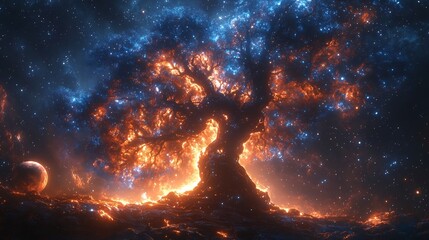 Wall Mural - towering cosmic tree reaching toward distant stars in swirling galaxy landscape