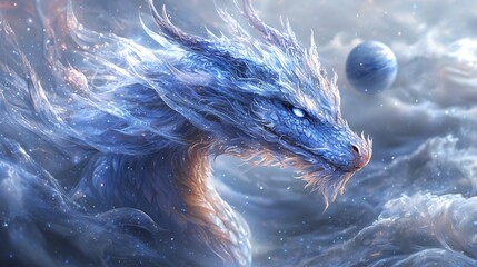 Wall Mural - Cosmic Dragon Soaring Through Swirling Galaxy of Stars and Planets