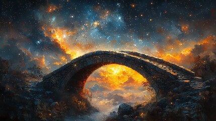 Wall Mural - surreal cosmic bridge connecting two planets with vibrant galaxies in dreamlike space background