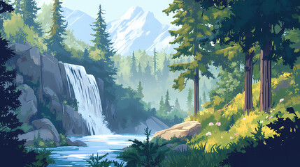 Wall Mural - Tranquil forest with misty morning light and waterfall cascade. Cascade. Illustration