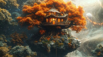 Wall Mural - Cosmic Treehouse Perched on Asteroid with Swirling Galaxy and Planets in Background