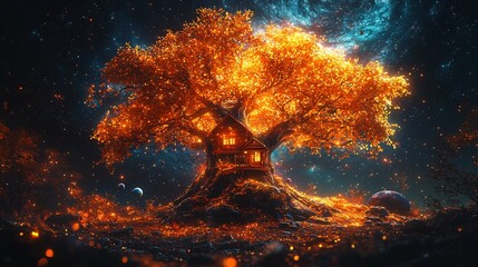 Wall Mural - Cosmic Treehouse Nestled in an Asteroid Vibrant Galaxy and Planetary Backdrop