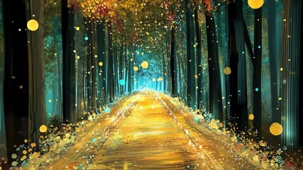 Wall Mural - enchanted pathway illuminated by soft lights in a serene forest setting during twilight hours