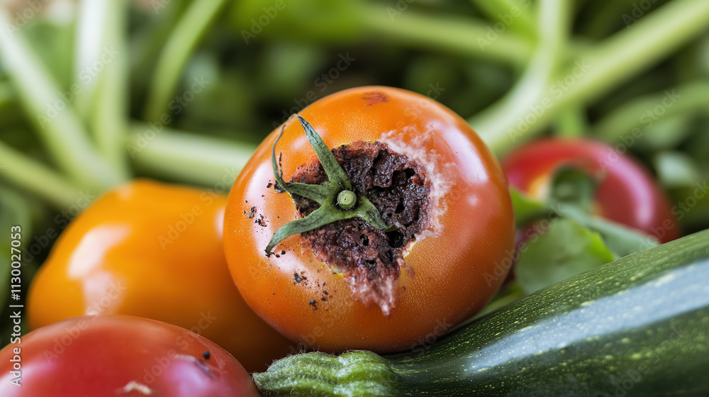 Fresh vegetables with a single rotten tomato in the center, symbolizing ...