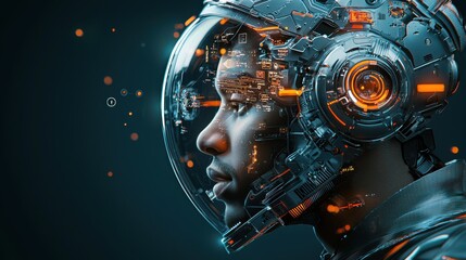 Aufkleber - Futuristic helmet displays high-fidelity heads-up technology in sci-fi environment innovative concept visualization