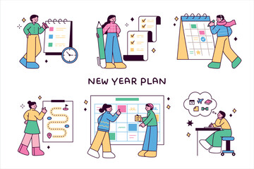 Wall Mural - people are making new year's resolutions in large notebooks, diaries, and calendars. outline simple 