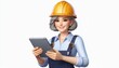 © Sahir Stock - Female construction supervisor in yellow hardhat and blue uniform checking digital tablet on white background