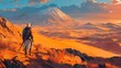 © liliyabatyrova - A lone adventurer traverses the golden dunes of Namibia, embraced by the warm hues of sunset as majestic mountains rise in the distance, inviting exploration and wonder