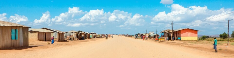 Vibrant Marketplace on Dusty Road Amidst Rural Community Under Bright Sky