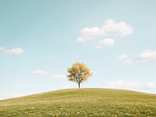 Wall Mural - Tranquil Minimalist Landscape Single Tree on Rolling Hills Under Cloudy Sky