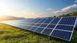 © PBMasterDesign - Solar sustainability idea. Solar panels harnessing sunlight in a lush green landscape at sunset.