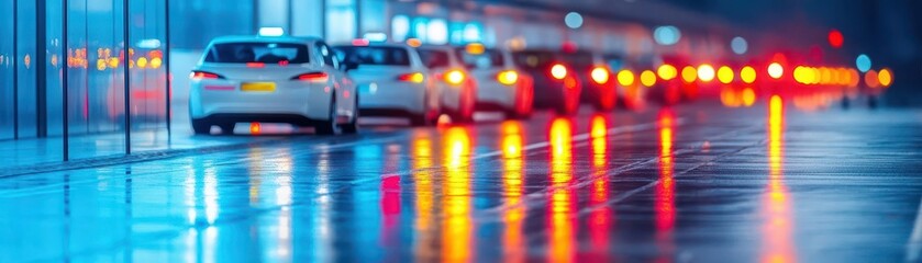 Poster - A line of autonomous electric taxis picking up passengers at a futuristic terminal, glowing streetlights reflecting on wet roads, nighttime shot