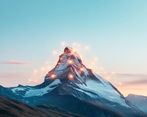 Poster - Glowing Digital Grids Overlay Mountain Peaks at Sunset