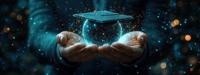 businessman in futuristic city holding holographic graduation cap for online education training and 