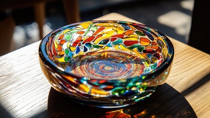 Wall Mural - Vibrant Colorful Glass Bowl Artwork on Wooden Surface