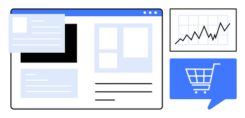 e-commerce webpage interface alongside a shopping cart icon and an upward financial growth graph. id