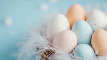 Sticker - Soft pastel Easter eggs in shades of blue, pink, and cream are nestled among fluffy feathers, creating a charming display for spring festivities