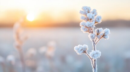 Wall Mural - Morning light shines softly on frost-covered plants, highlighting their fragile beauty in a tranquil winter setting