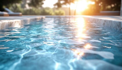 Aufkleber - Luxury Poolside Marble Table with Blurred Background of Swimming Pool and Sunlight Reflections