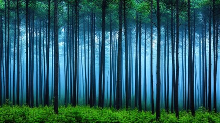 Poster - Misty forest showcasing tall trees and vibrant green foliage, evoking tranquility and peace.