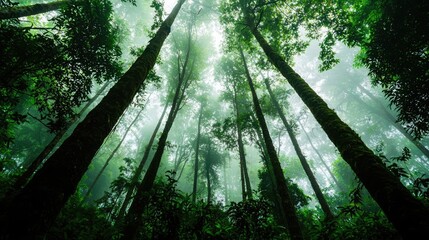Poster - Majestic trees reach for the sky in a misty, serene forest landscape.