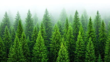 Poster - A serene view of lush green pine trees enveloped in soft morning fog.