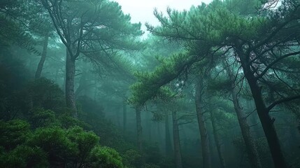 Poster - A serene forest with tall trees, enveloped in mist, creating a tranquil atmosphere.