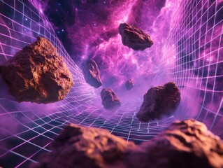Wall Mural - Cosmic Rocks Falling Through Retro Gridded Nebula Space