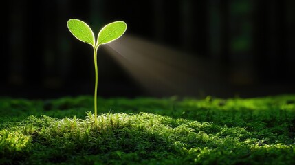 Poster - A vibrant green sprout emerging from moss, illuminated by soft sunlight.