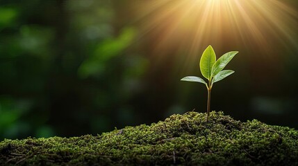 Poster - A thriving young plant emerging from the soil, bathed in warm sunlight.