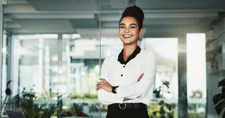 Wall Mural - Portrait, arms folded and happy business woman in office for pride, career and policy development worker. Face, smile and confident professional entrepreneur, expert and compliance officer in Mexico