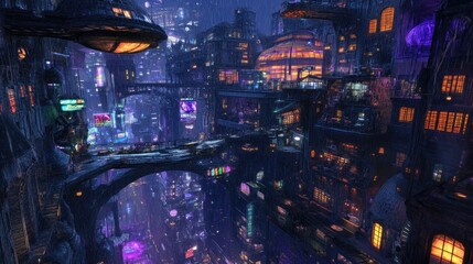 Wall Mural - Rain-Soaked Cyberpunk Cityscape: A Nocturnal View of Futuristic Architecture