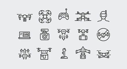 Drone icons. Set of 15 drone trendy minimal icons. Example: Quadcopter, remote control, battery, camera, FPV goggles icon. Design signs for web page, mobile app, packaging design. Vector illustration.