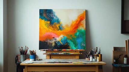 Wall Mural - acrylic painting of an abstract cosmic scene with bold colors and metallic accents