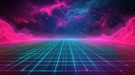 Wall Mural - Dynamic neon grid design with glowing pink and teal elements