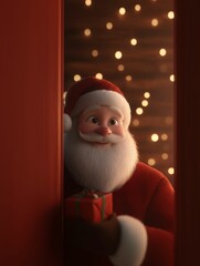 Wall Mural - 3D cartoon, happy Santa Claus peeking out of the red door with a Christmas present in his hand