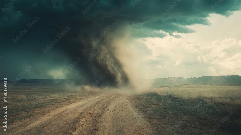 Majestic tornado forming over a dusty landscape with dramatic clouds ...