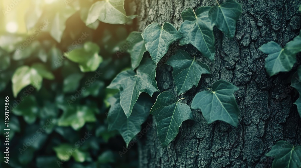 Lush green ivy leaves cascading over a rugged tree bark creating a ...