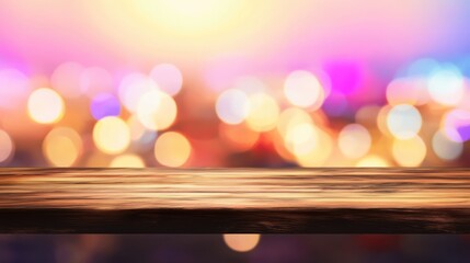 Wall Mural - bokeh background with warm multi colored lights and wooden table perfect for product display or fest