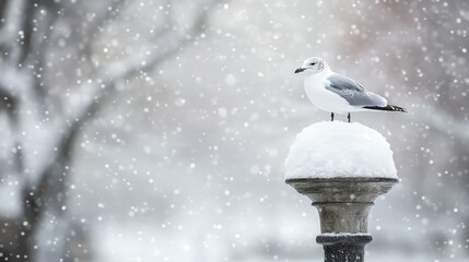 Wall Mural - Seagull perched on a snow-covered lamp post in a serene winter snowfall scene