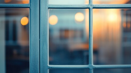 Wall Mural - softly blurred window view with warm bokeh lights creating a cozy and inviting atmosphere in an inte