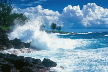 Waves crash against rocky coastline under a bright sky in a tropical paradise with lush greenery. Generative AI