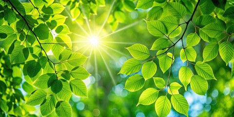 Wall Mural - Sunlight filtering through vibrant green leaves of a tree on a sunny day, nature, foliage, branches, sunny, outdoors, beauty