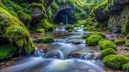 Wall Mural - Small fresh water stream flowing through a mossy cave , stream, water, fresh, mossy, cave, nature, serene, tranquil, peaceful