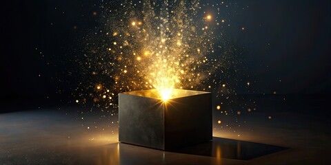 Wall Mural - Glowing light emerging from black box with golden particles, Glow, Light, Black box, Golden particles, Shine, Illumination