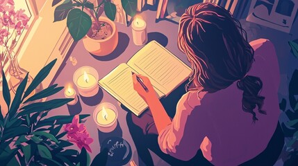 Fototapete - A person journals amidst self-care items like candles and herbal tea, illustrating resilience and mental wellness through visual metaphors in a studio setting.