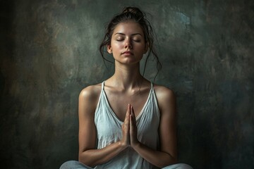 Aufkleber - This studio image captures a pensive woman meditating in soft lighting, reflecting tranquility and inner peace.